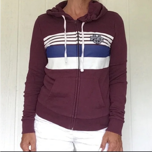 PINK Burgundy Stripes Print Perfect Full Zip Hoodie | S - Picture 1 of 14